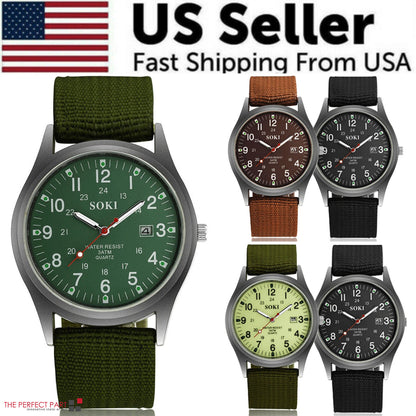 Men's Military Army Luminous 24 Hours Dial Nylon Strap Date Quartz Wrist Watch