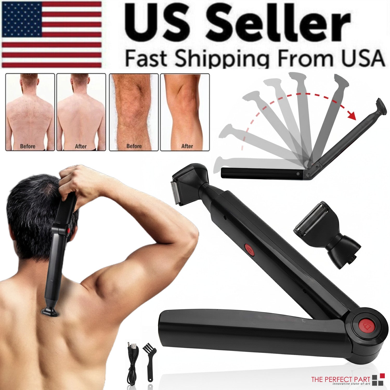 Long Handle Electric Back Shaver For Men Body Hair Removal Razor USB Recharge US