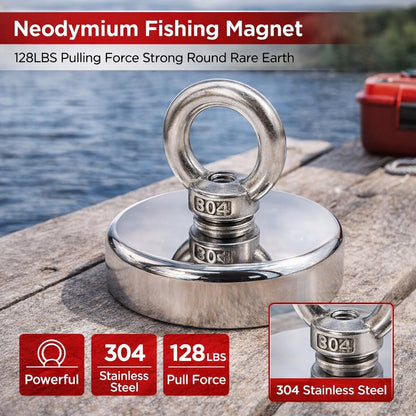 Neodymium Fishing Magnets 2 Pack, 128LBS Pulling Force Strong Round Rare Earth