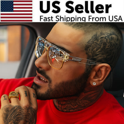 Men's Sunglasses Designer Fashion Square Clear Gold Frame Clear Lens Style W/Box