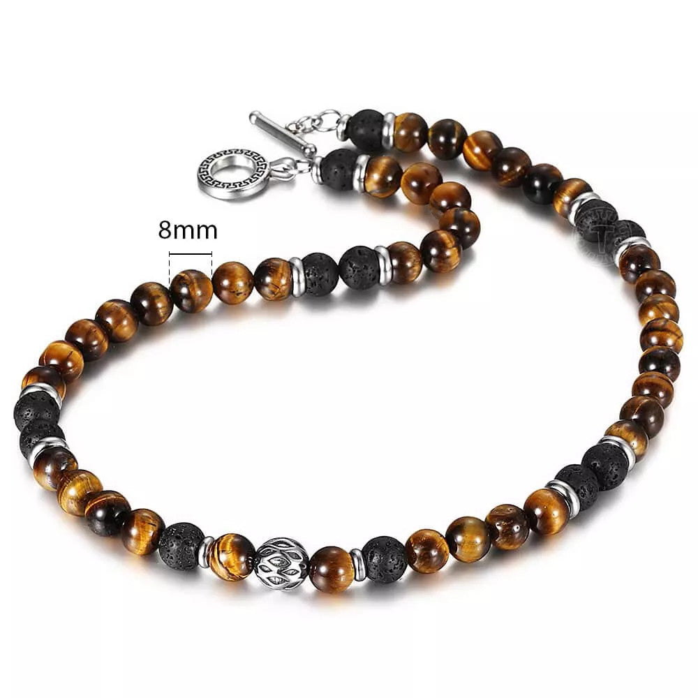 Men's 8mm Natural Tiger Eye Lava Bead Necklace Stainless Steel Toggle 18/20/24"