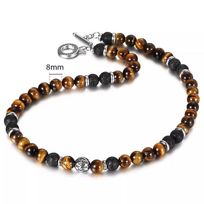Men's 8mm Natural Tiger Eye Lava Bead Necklace Stainless Steel Toggle 18/20/24"