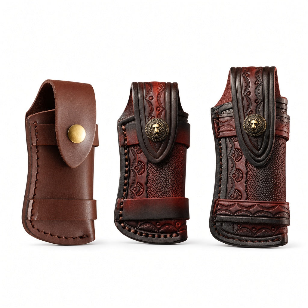 Hand Made Carved Cow Leather Sheath For Folding Knife Cover Pouch Belt Clip US