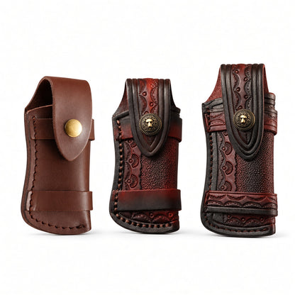 Hand Made Carved Cow Leather Sheath For Folding Knife Cover Pouch Belt Clip US