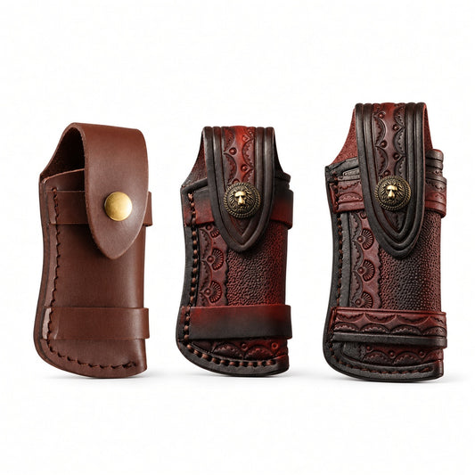 Hand Made Carved Cow Leather Sheath For Folding Knife Cover Pouch Belt Clip US